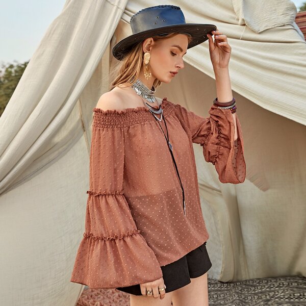

Swiss Dot Bell Sleeve Bardot Blouse, Brown