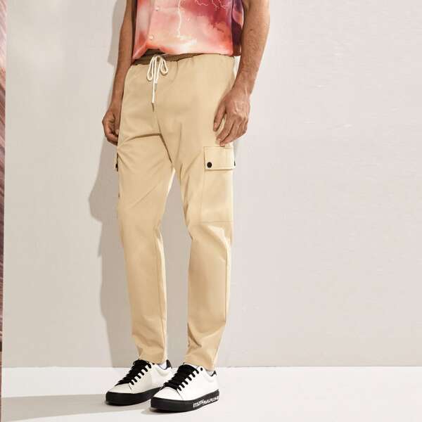 

Men Drawstring Waist Flap Pocket Pants, Khaki