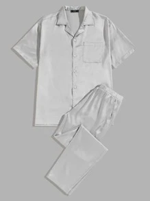 SHEIN Conjunto de pijama de hombres camisa de satén con bolsillo con pantalones - Gris - Ver 1