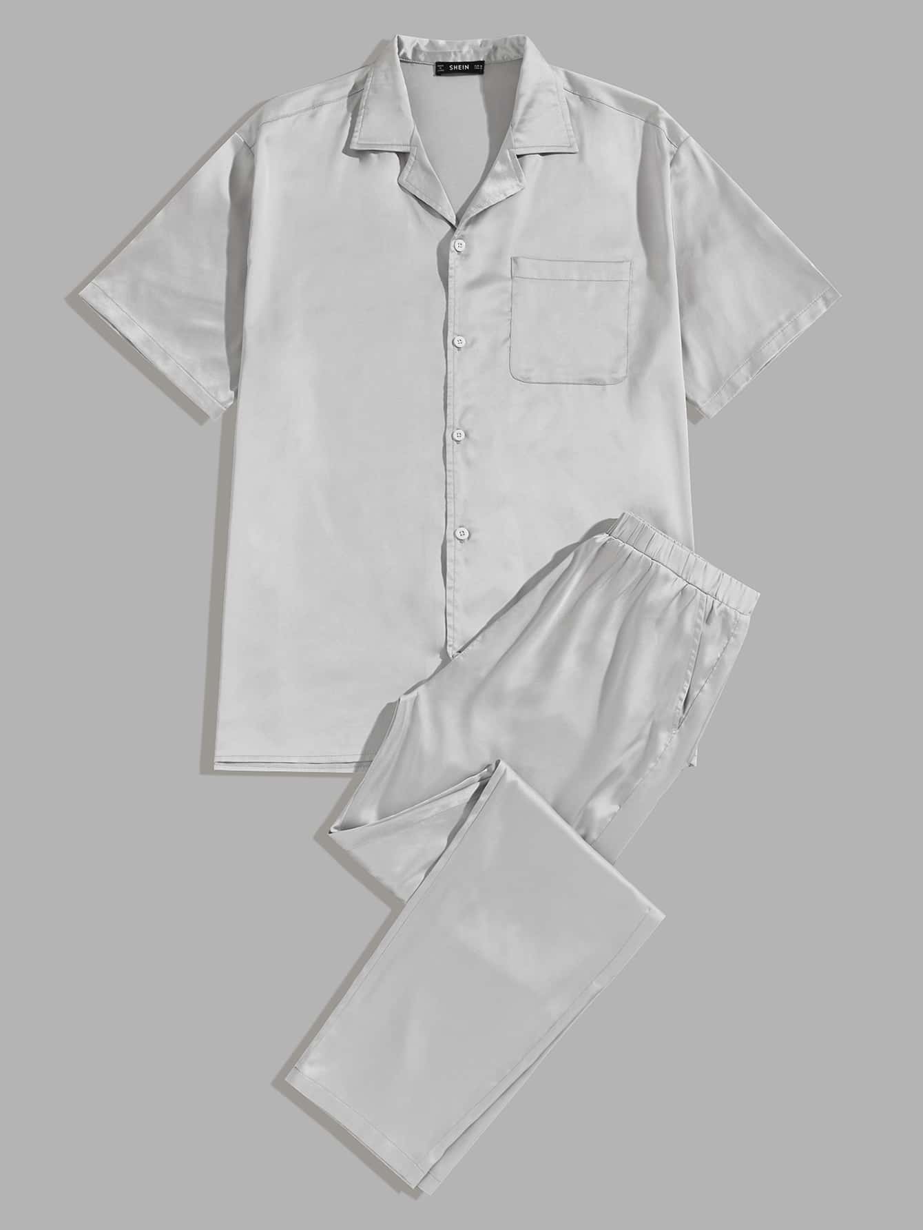 SHEIN Conjunto de pijama de hombres camisa de satén con bolsillo con pantalones - Gris - Ver 1