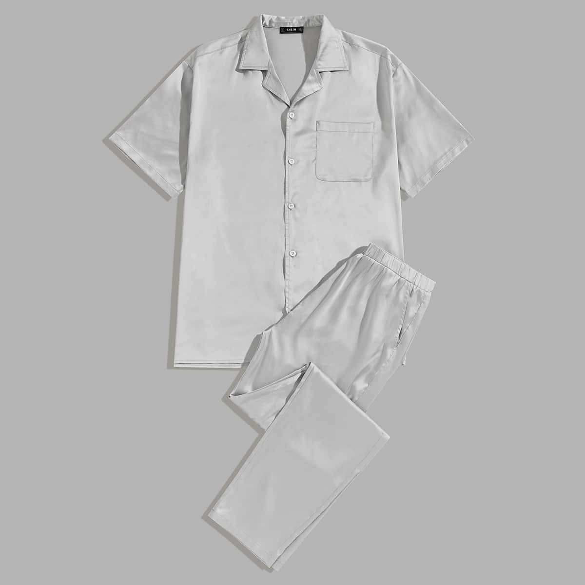 

Guys Pocket Patched Satin Shirt & Pants PJ Set, Grey