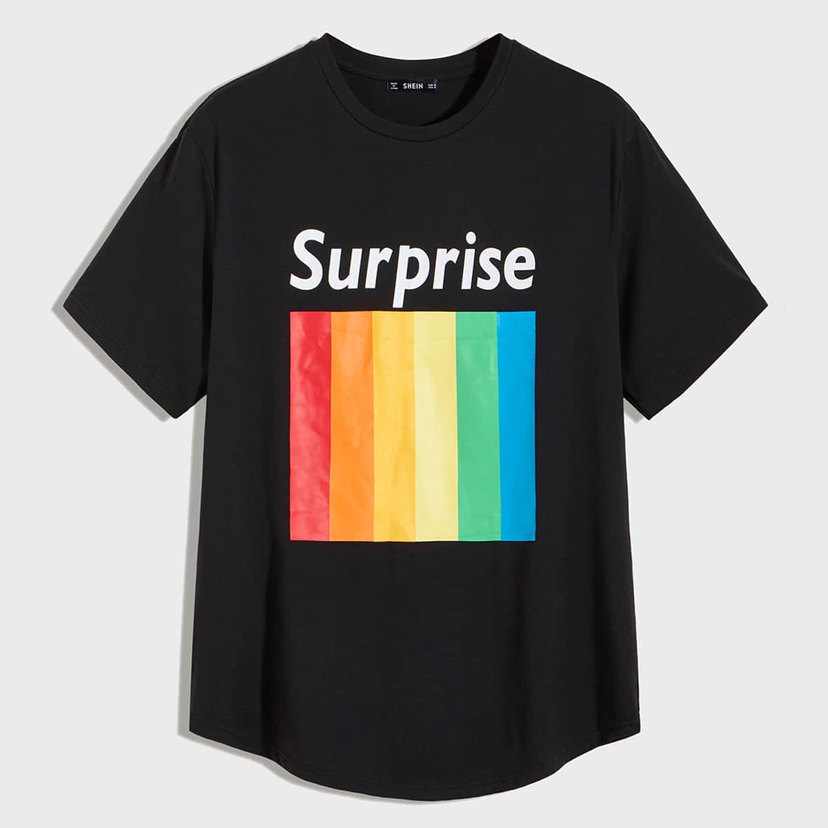 

Guys Letter Graphic Rainbow Striped Tee, Black