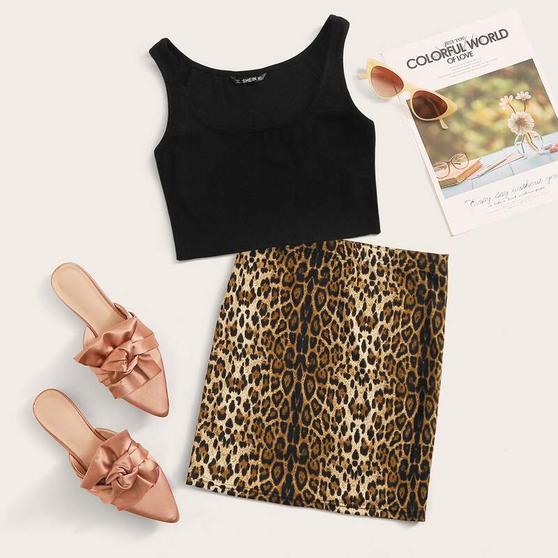 

Solid Tank Top & Leopard Print Skirt Set, Multicolor