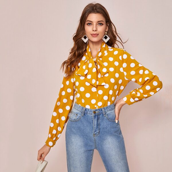 

Polka Dot Tie Neck Button Through Blouse, Mustard yellow