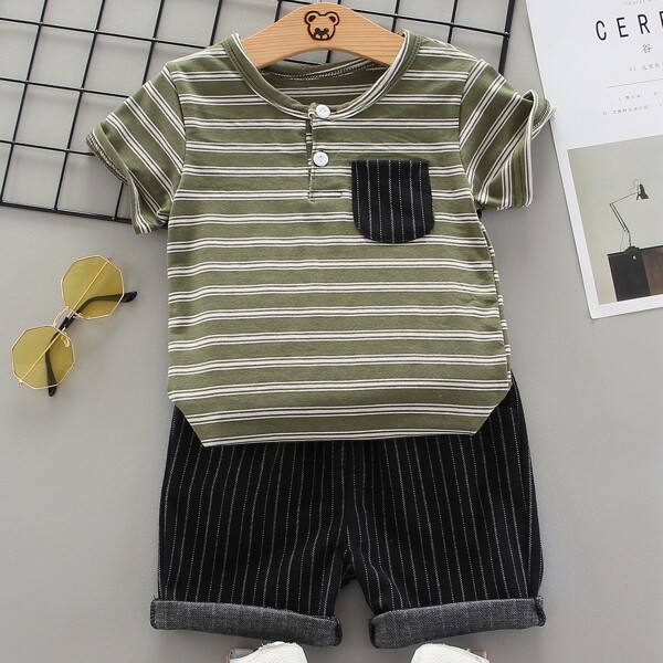 

Toddler Boys Pocket Patched Striped Tee With Shorts, Multicolor