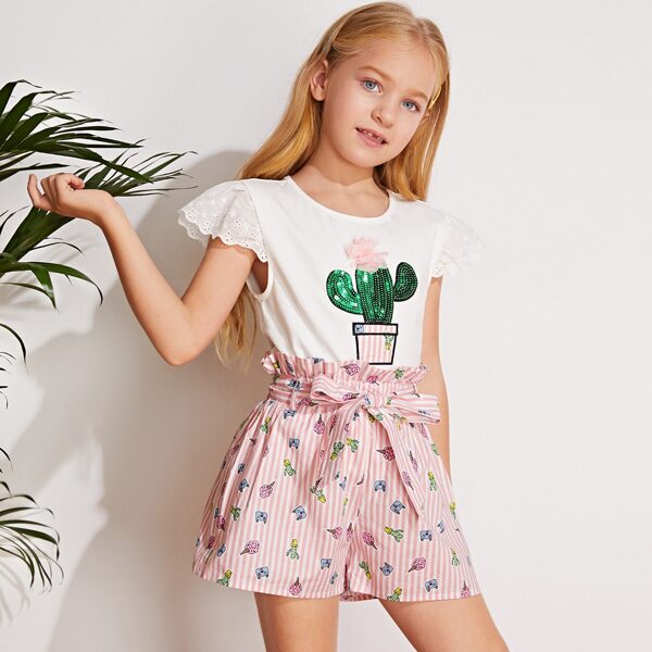 

Girls Floral Applique Sequin Cactus Tee and Paperbag Waist Shorts Set, Multicolor