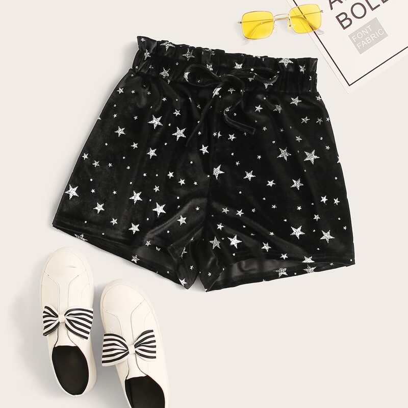 

Star Print Velvet Black Shorts