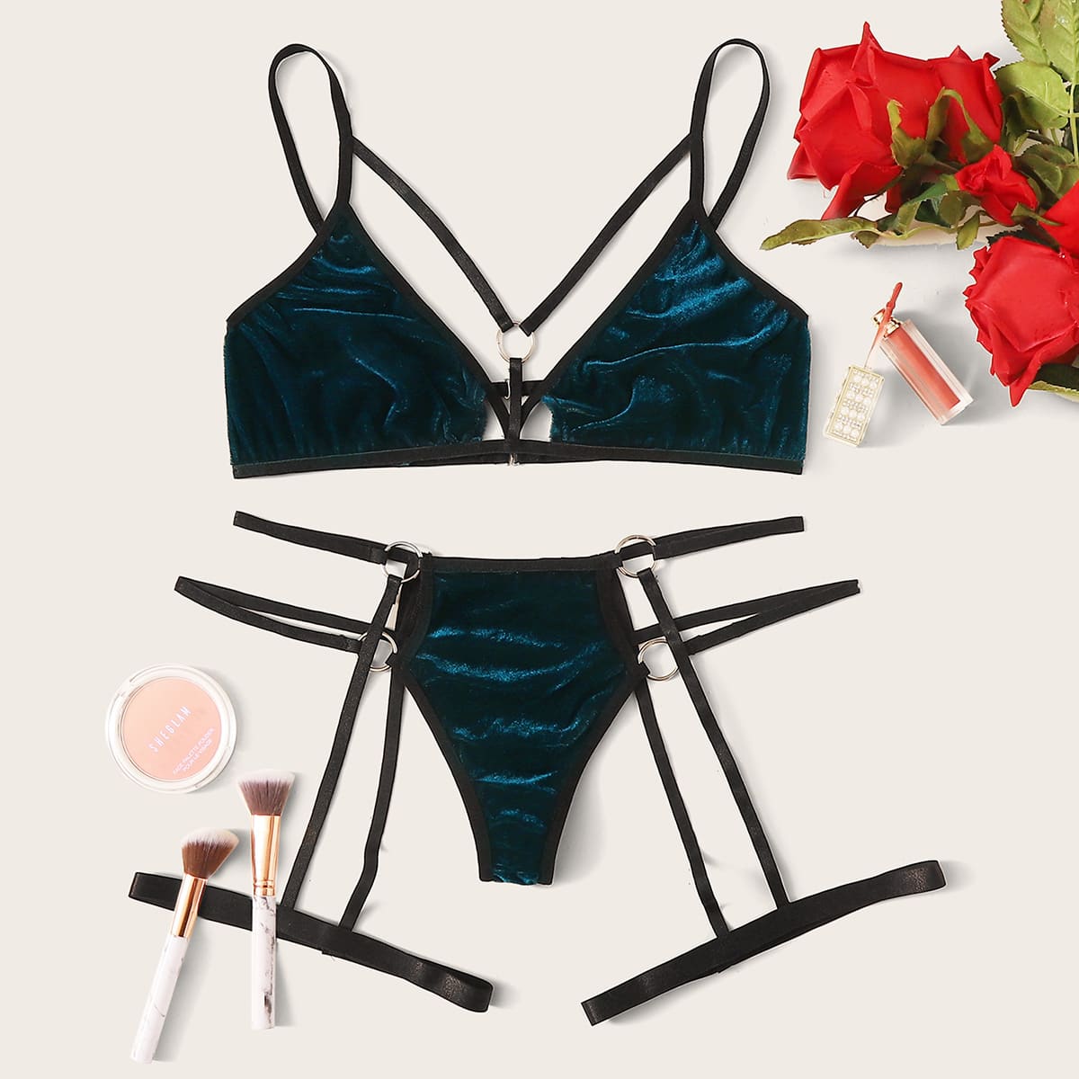 

Velvet Harness Lingerie Set & Garter, Blue