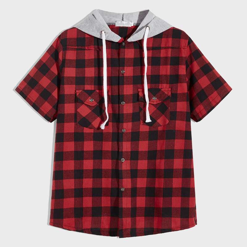 

Guys Gingham Pocket Front Hooded Shirt, Multicolor