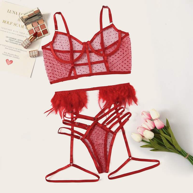 

Polka Dot Underwire Mesh Garter Lingerie Set, Red