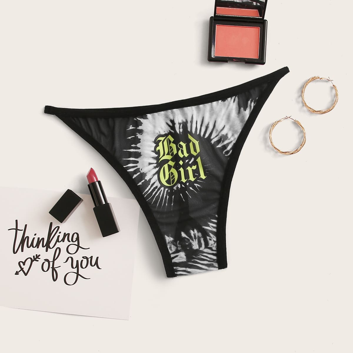 

Letter Graphic Mesh Panty, Black