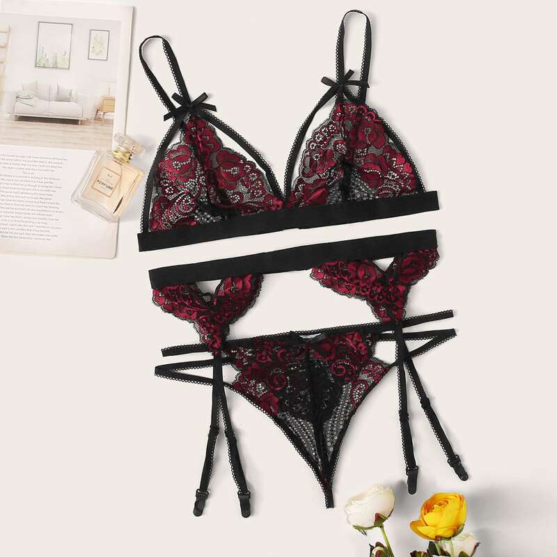 

Floral Lace Garter Lingerie Set, Multicolor