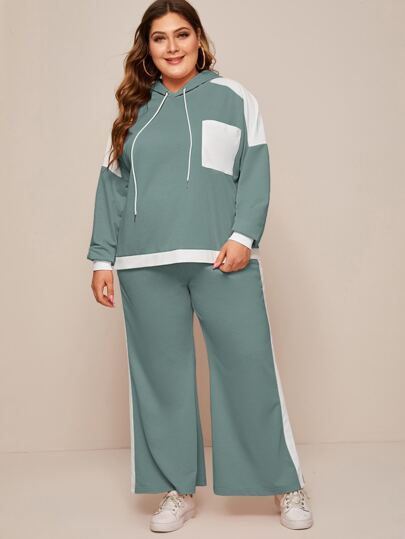 Plus Contrast Panel Drawstring Hoodie With Pants