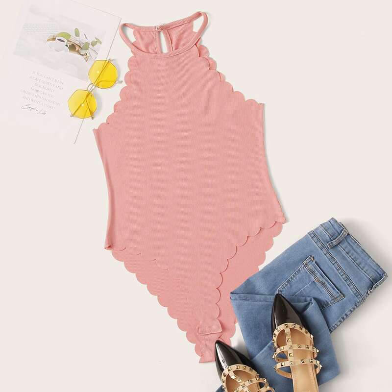 

Scallop Trim Pink Halter Bodysuit