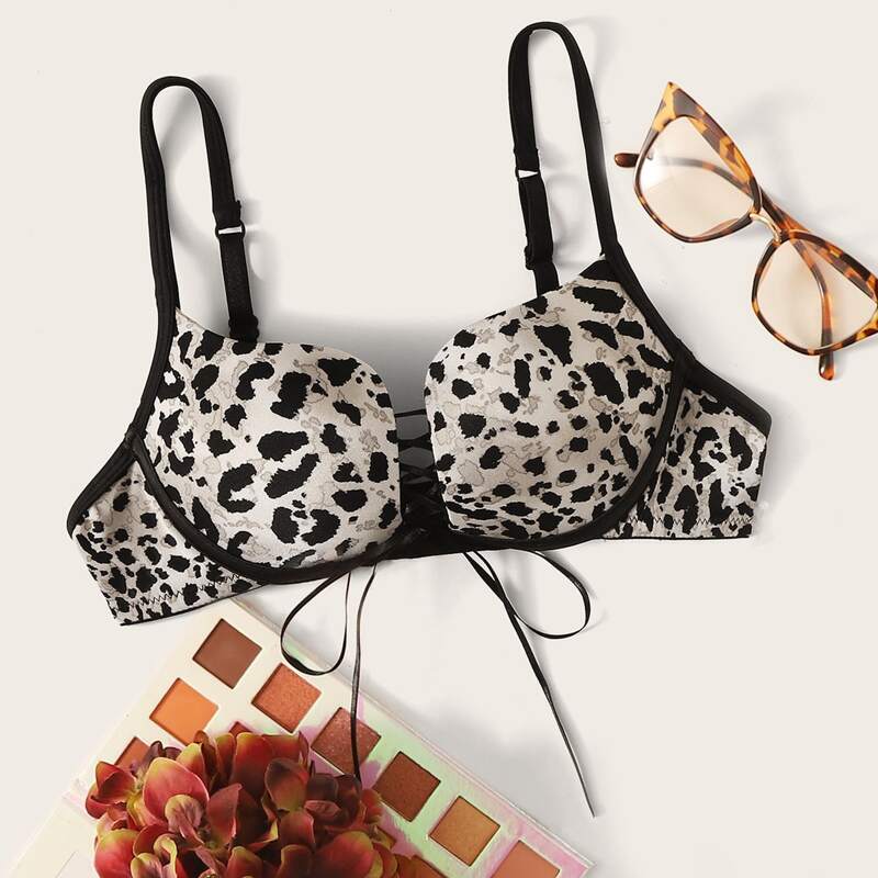 

Leopard Pattern Lace-up Front Bra, Multicolor