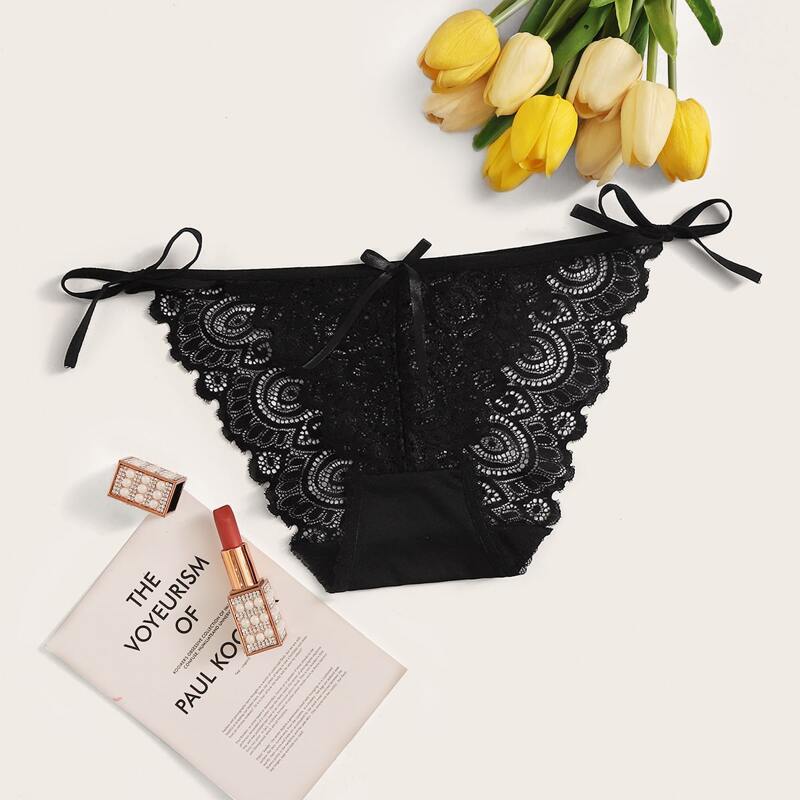 

Scallop Lace Tie Side Panty, Black