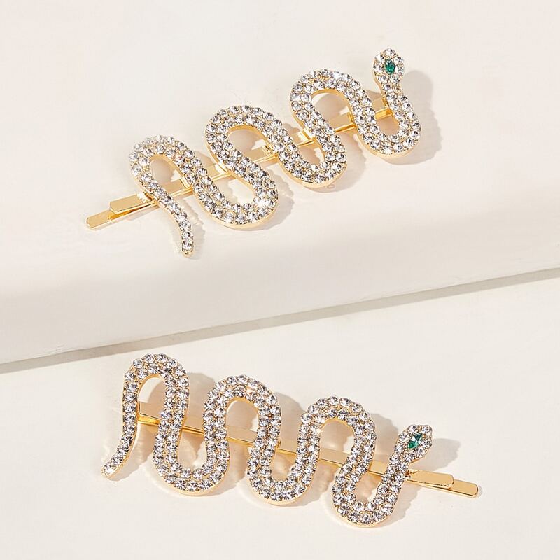 

2pcs Rhinestone Decor Snake Shaped Hair Clip, Gold