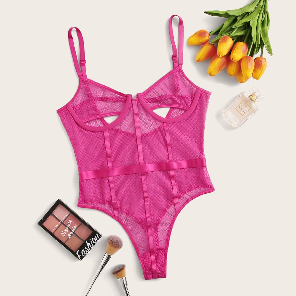 

Underwire Sheer Mesh Teddy Bodysuit, Pink
