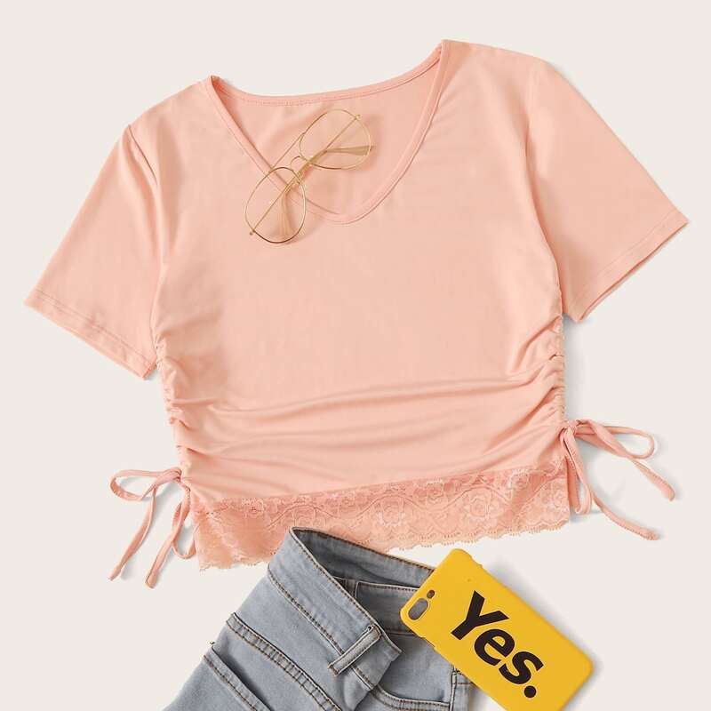 

Lace Hem Drawstring Pink Tee
