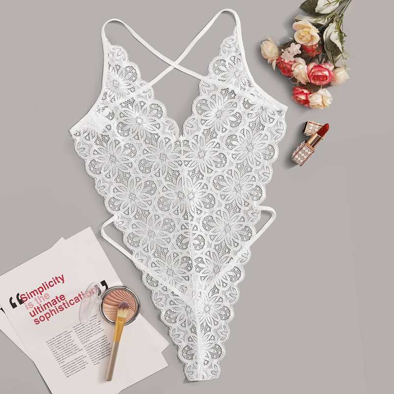 

Floral Lace Sheer Backless Teddy Bodysuit, White