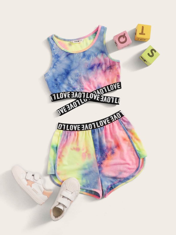 SHEIN Tween Girl Tie Dye Letter Tape Tank Top & Track Shorts Set