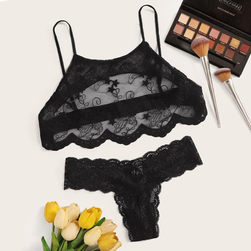 

Star & Floral Lace Sheer Lingerie Set, Black
