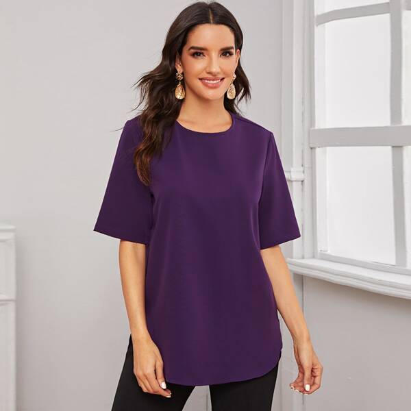 

Solid Keyhole Back Curved Hem Top, Purple