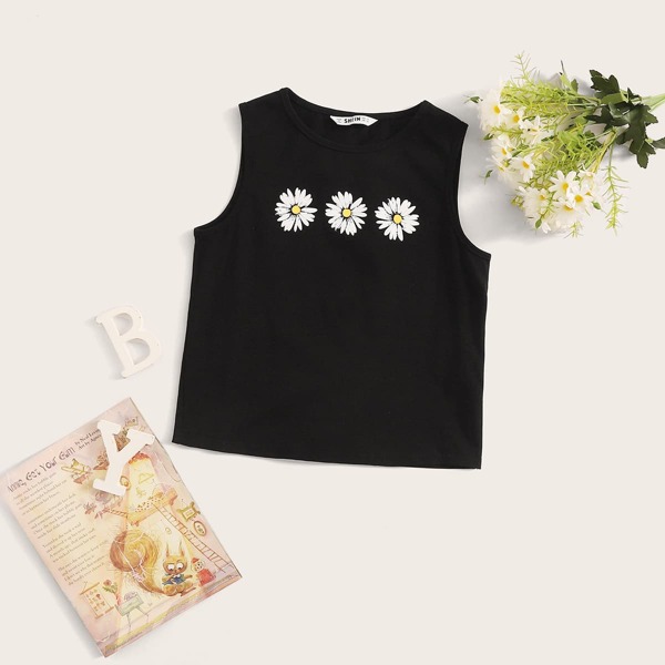 

Girls Daisy Floral Print Tank Top, Black