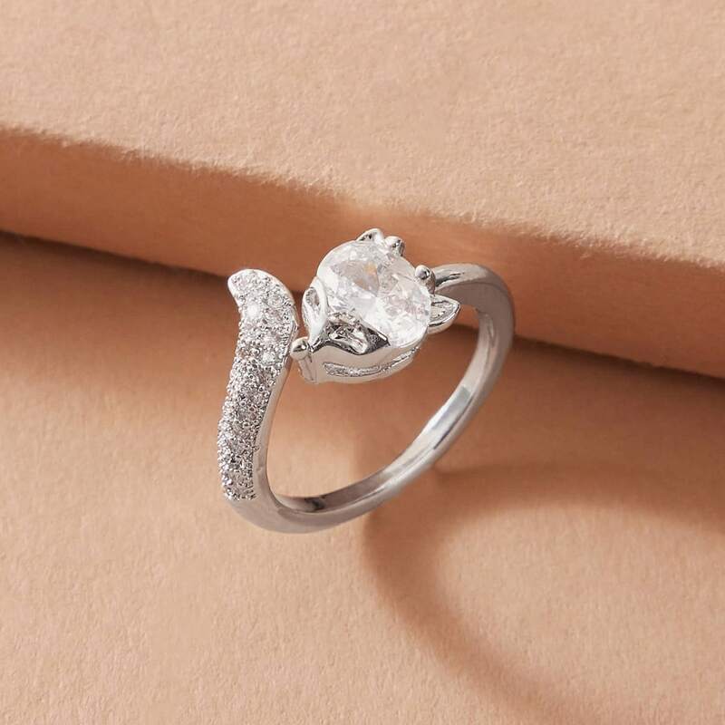 

1pc Rhinestone Engraved Fox Decor Ring, Silver