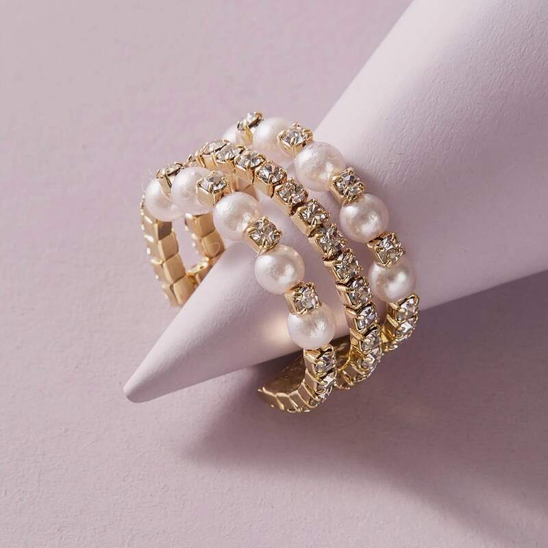 

1pc Rhinestone Decor & Faux Pearl Decor Ring, Multicolor