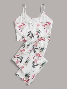 花卉圖案前繫帶吊帶上衣和褲子 - 白色 - 查看 2