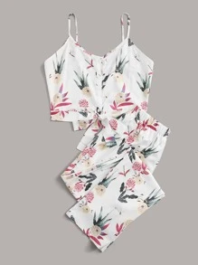 花卉圖案前繫帶吊帶上衣和褲子 - 白色 - 查看 3