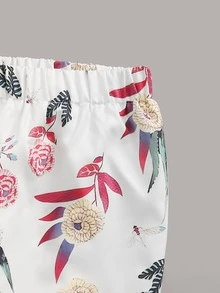 花卉圖案前繫帶吊帶上衣和褲子 - 白色 - 查看 4