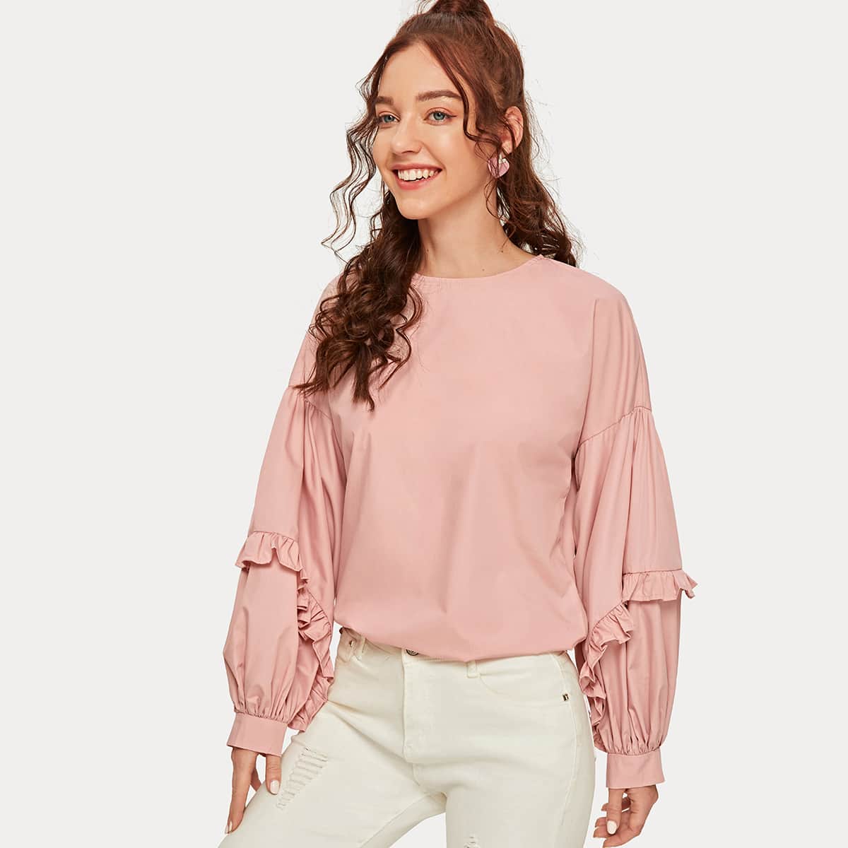 

Drop Shoulder Frill Trim Lantern Sleeve Top, Pink pastel