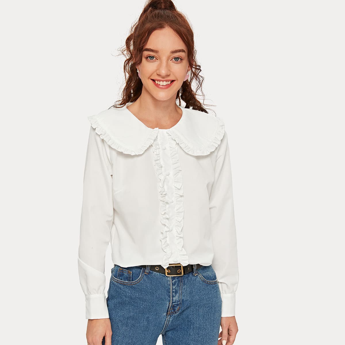 

Peter Pan Collar Frill Trim Blouse, White