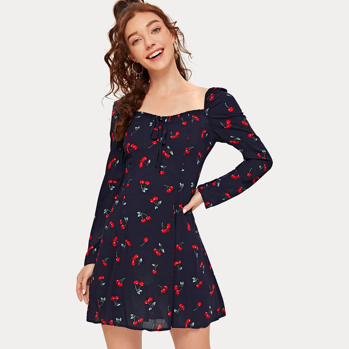 

Tie Neck Cherry Print Dress, Navy