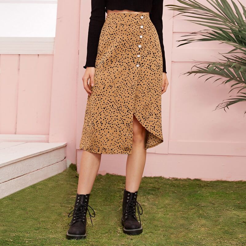 

Button Front Dalmatian Print Skirt, Camel