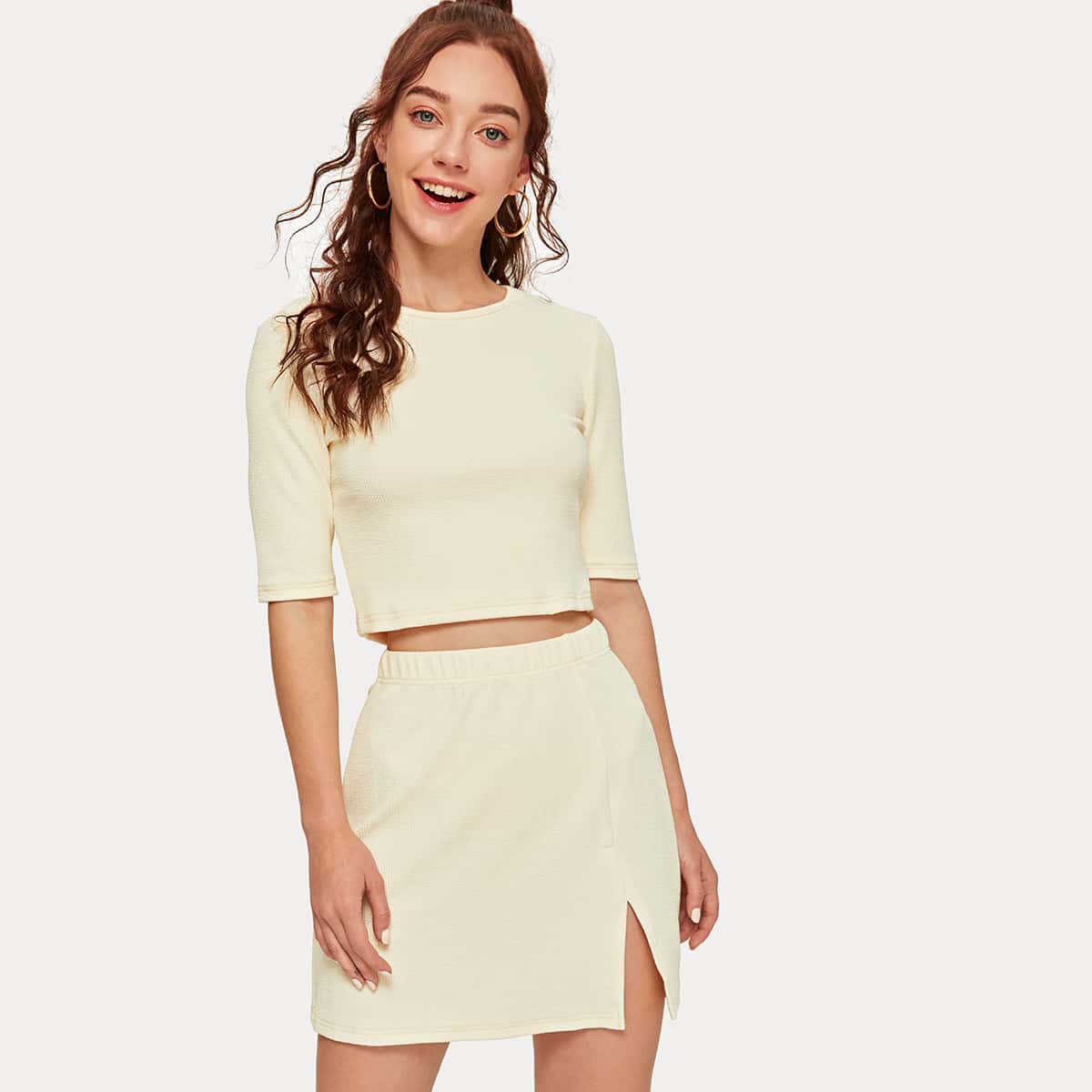 

Short Sleeve Solid Top & Split Hem Skirt Set, Beige