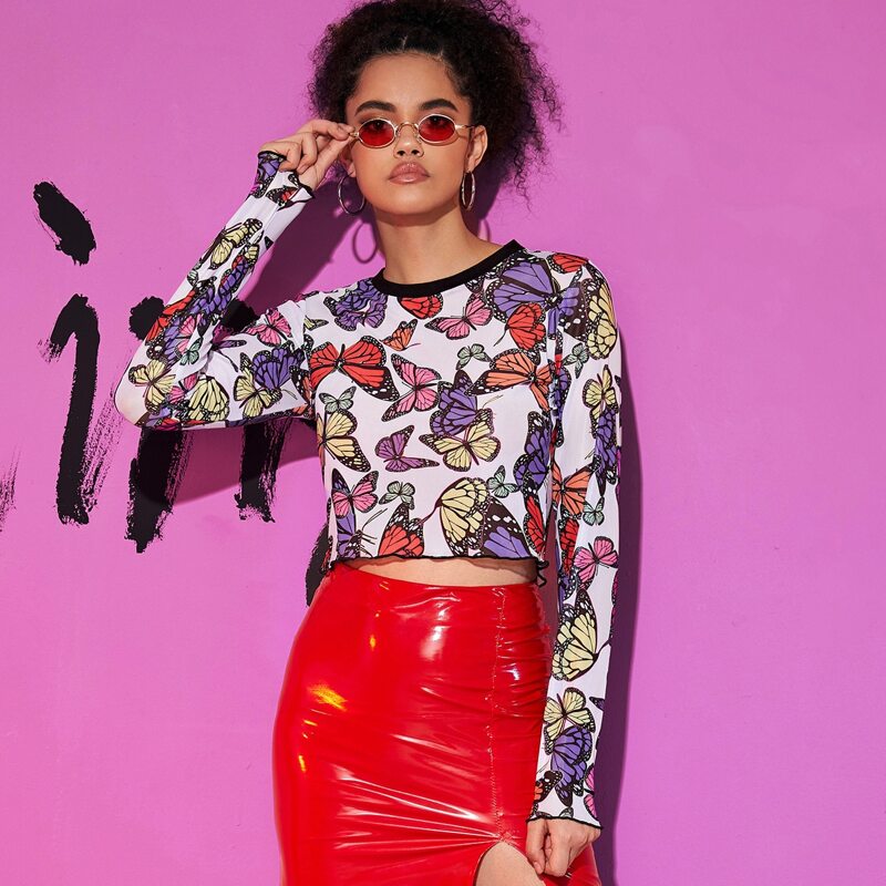 

Butterfly Print Sheer Mesh Top Without Bra, Multicolor