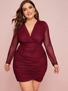 SHEIN Đầm Plus Size Ruched màu trơn Burgundy Hấp dẫn - Màu Đỏ Sâu - Xem 1