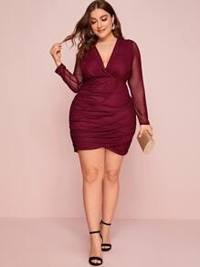 SHEIN Đầm Plus Size Ruched màu trơn Burgundy Hấp dẫn - Màu Đỏ Sâu - Xem 3