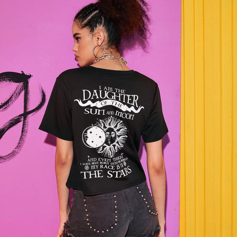 

Sun & Slogan Graphic Short Sleeve Tee, Black