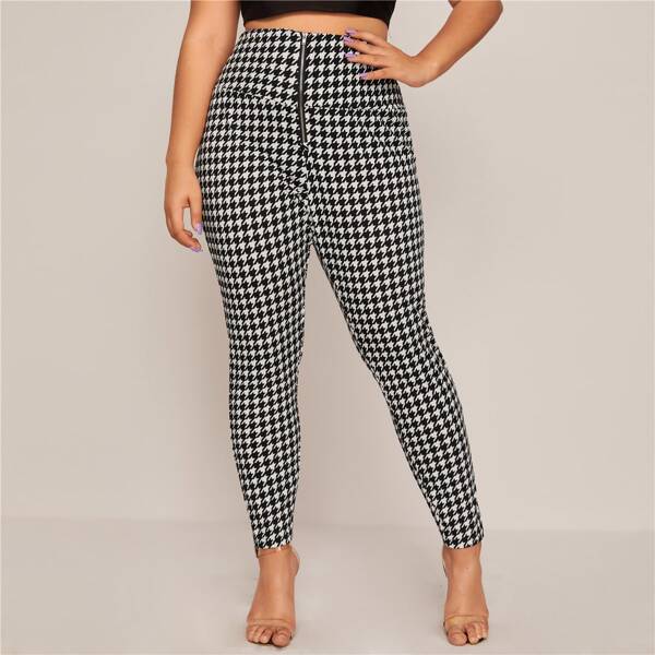 

Plus Wide Waistband Zip Fly Houndstooth Pants, Black and white