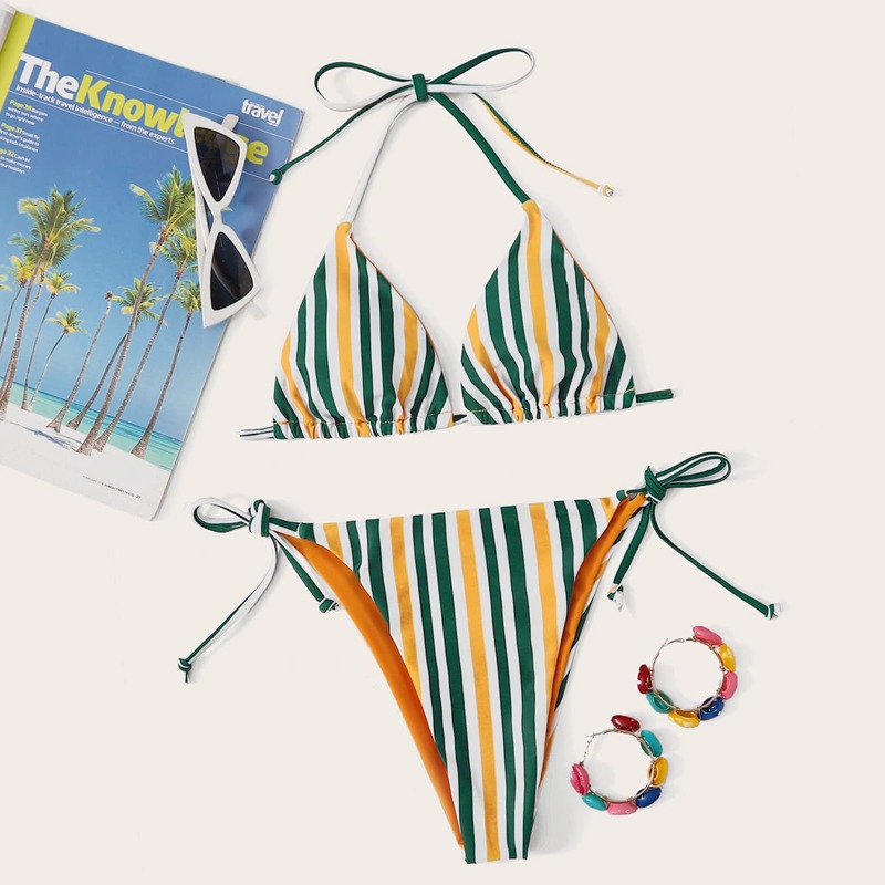 

Striped Halter Top With Tie Side Bikini Set, Multicolor