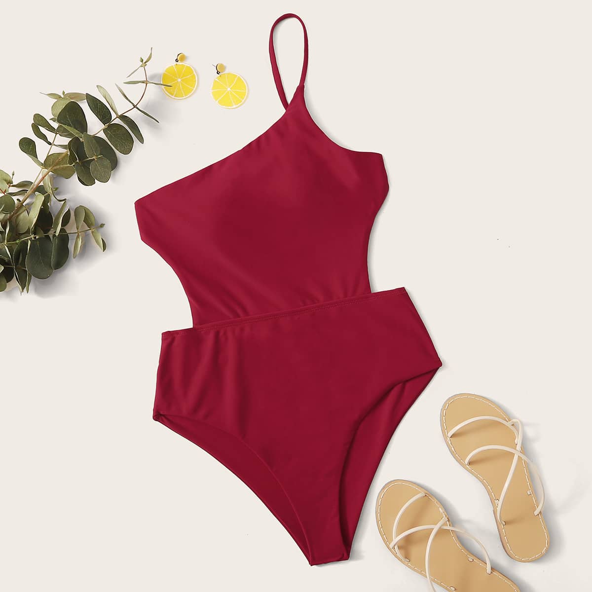 

One Shoulder Backless One Piece Swimwear, Red