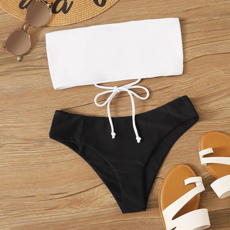 

Lace-up Back Bandeau Bikini Swimsuit, Black and white