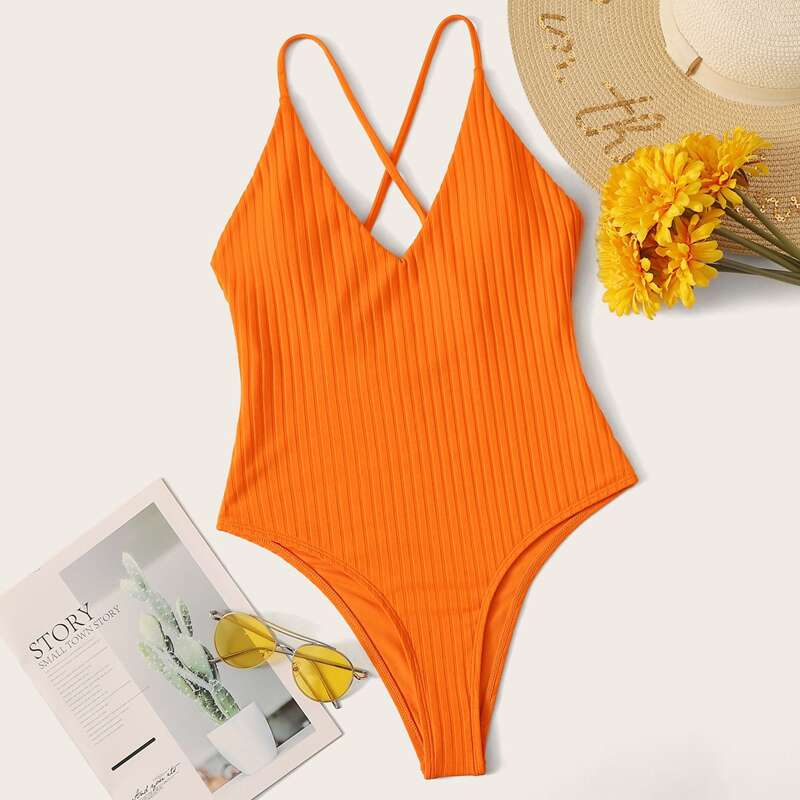 

Rib Criss Cross One Piece Swimwear, Orange
