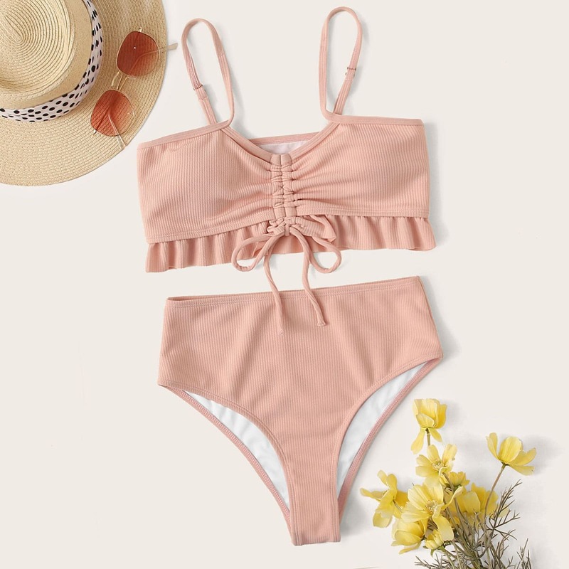

Rib Drawstring Front Ruffle Trim High Waisted Bikini Swimsuit, Pink