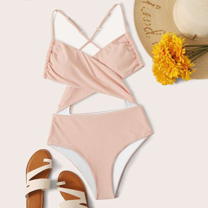 

Crisscross Cutout Wrap One Piece Swimwear, Pink