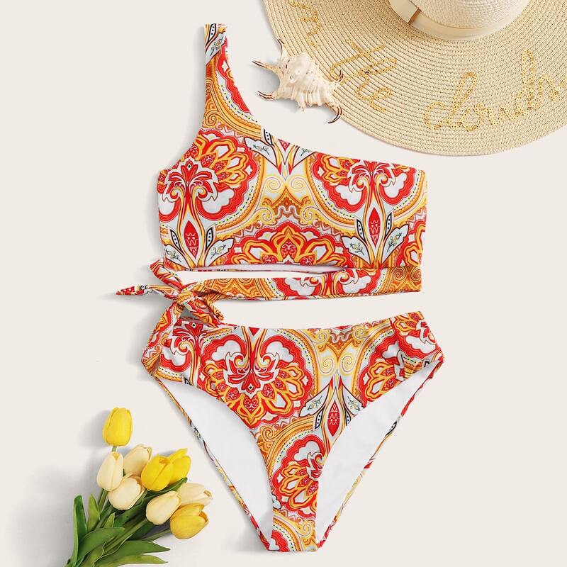 

Tribal Random Print One Shoulder Bikini Swimsuit, Multicolor